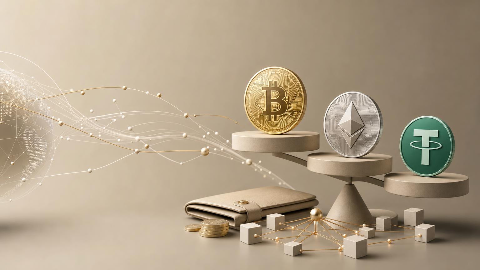 Comparación visual entre la comisión de blockchain y la comisión del exchange en operaciones con Bitcoin, Ether y USDT