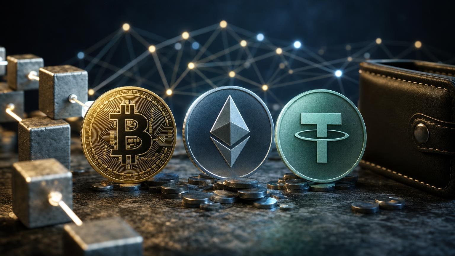 Mapa conceptual de las comisiones de red y de intercambio en operaciones con Bitcoin, Ether y USDT
